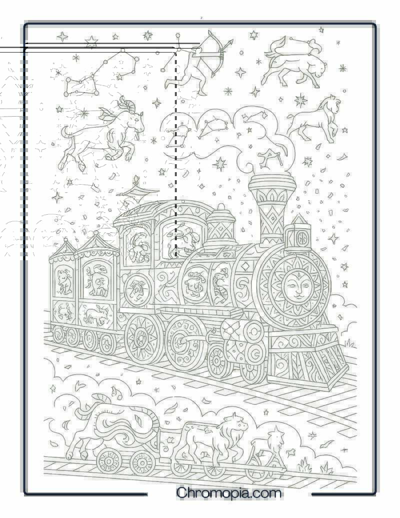 Mandala Celebration Train with Zodiac Themes – New Year Train Coloring Page