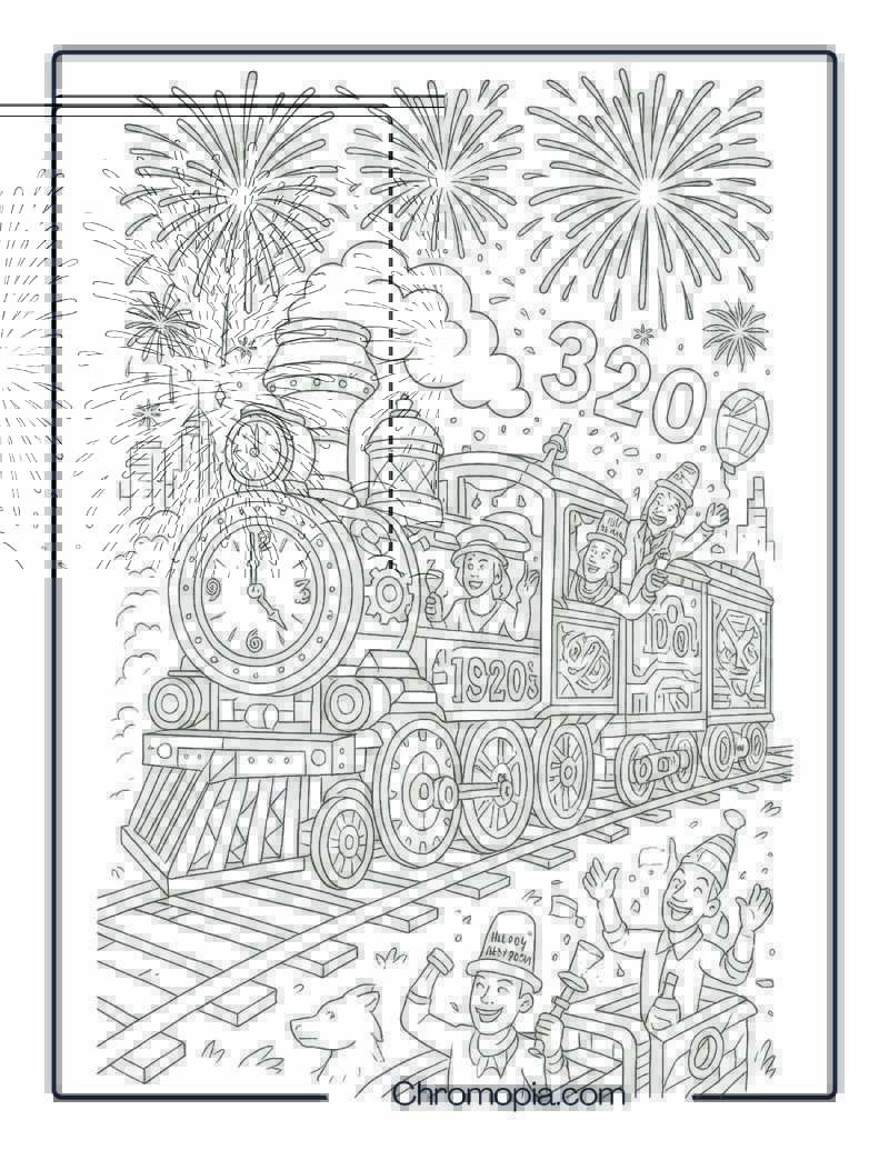 Midnight Countdown Express – New Year Train Coloring Page