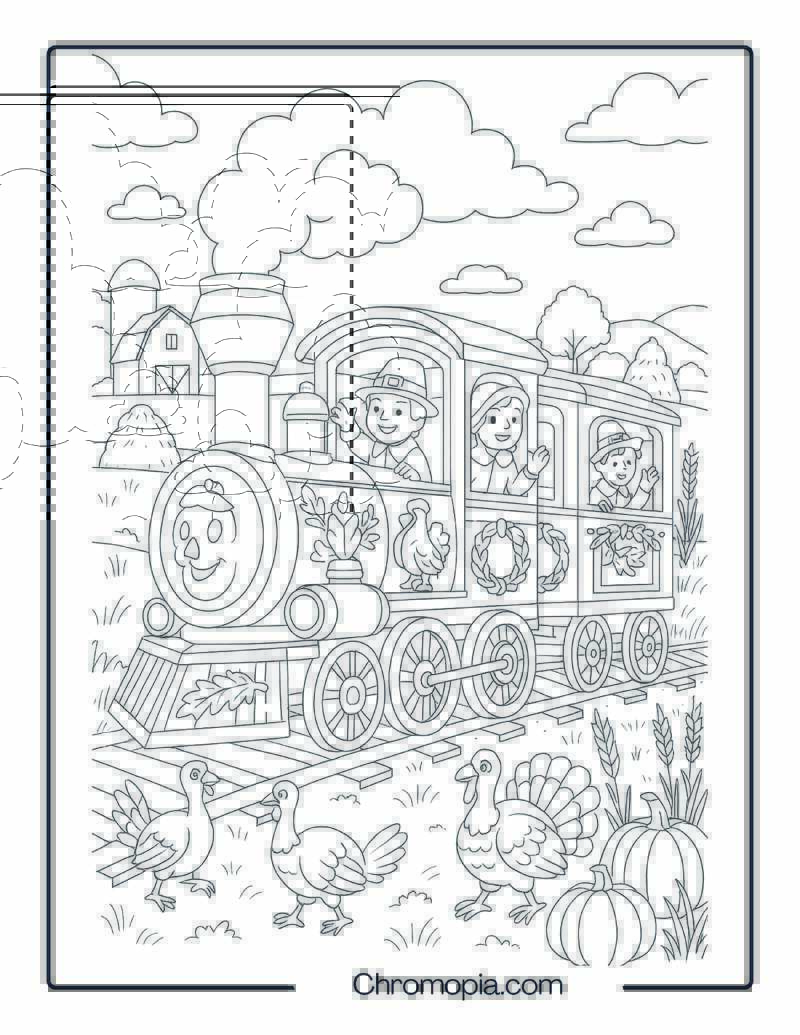 Pilgrim Harvest Train Through Autumn Fields – Thanksgiving Train Coloring Page