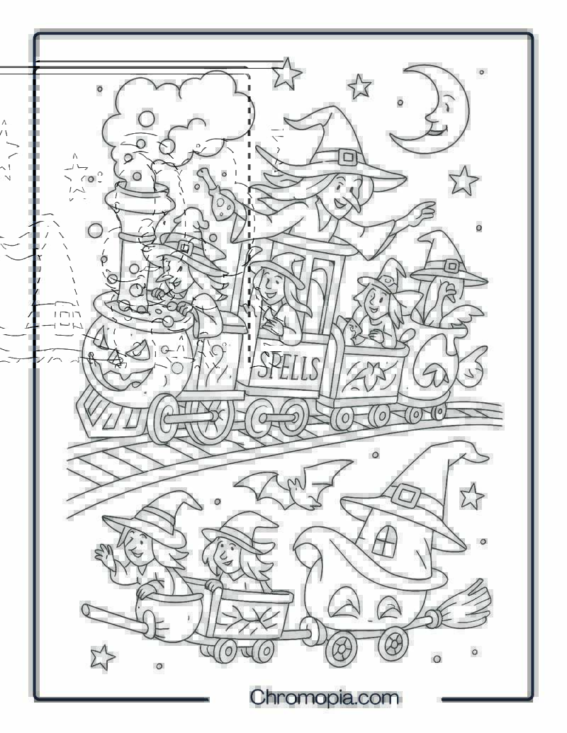Witch Market Train with Flying Cauldrons – Halloween Train Coloring Page