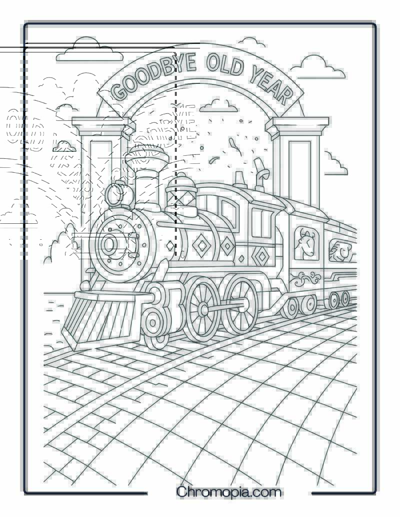 Year-Transition Portal Train – New Year Train Coloring Page