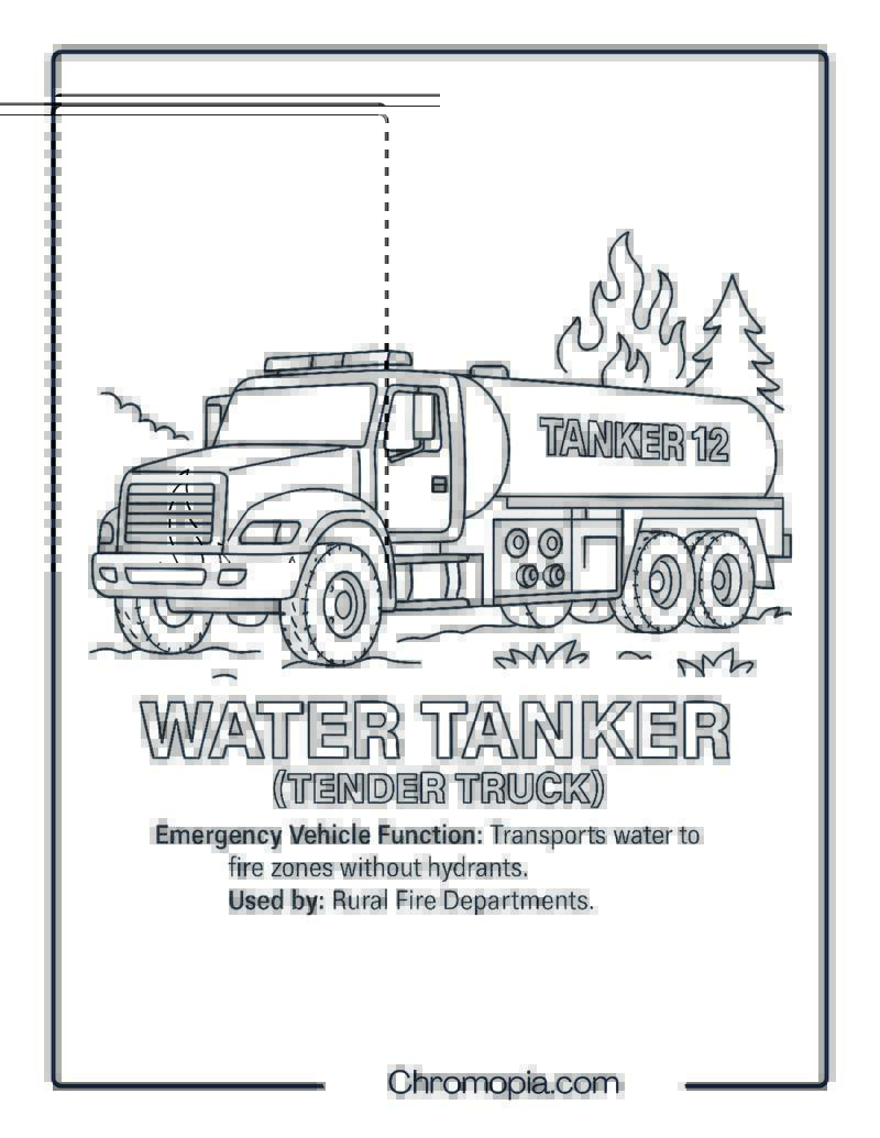 Water Tanker (Tender Truck) – Emergency Vehicle Coloring Page