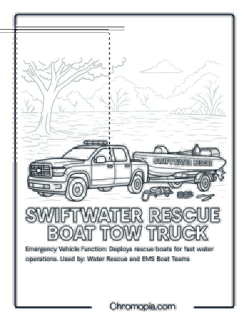 Swiftwater Rescue Boat Tow Truck – Emergency Vehicle Coloring Page
