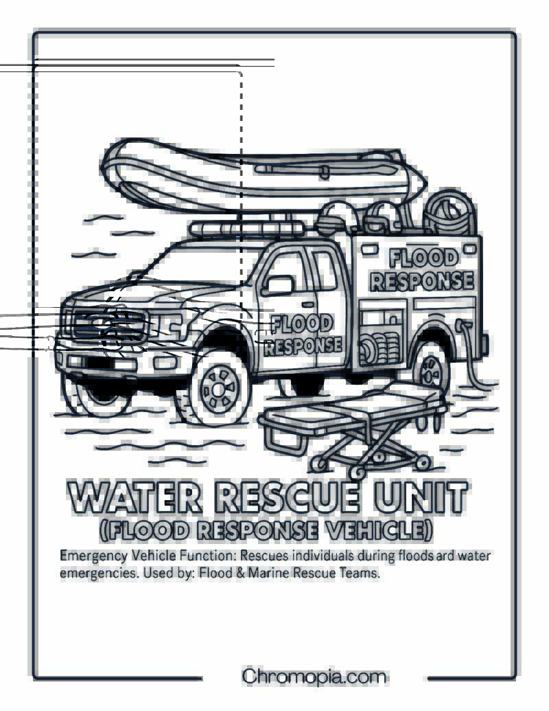 Water Rescue Unit (Flood Response Vehicle) – Emergency Vehicle Coloring Page