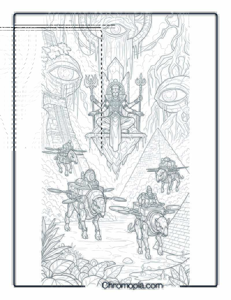 Ancient Alien Deity on Floating Throne Transported by Drone-Beast Hybrids Space Vehicle Coloring Page