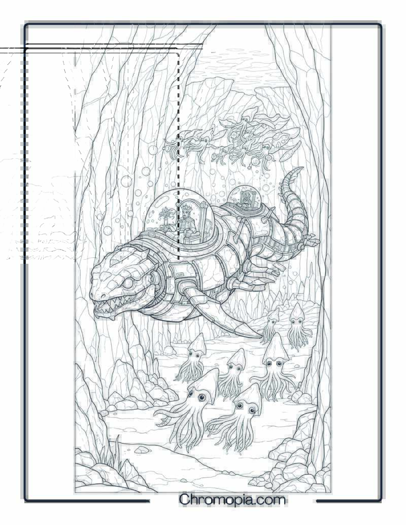 Ancient Mechanical Serpent Transporting Alien Royalty Through Undersea Caves Space Vehicle Coloring Page