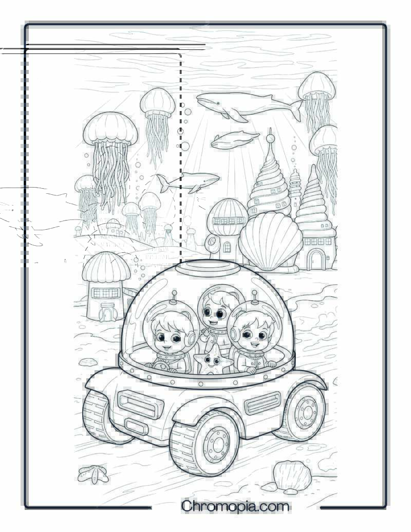 Dome-Shaped Underwater City Rover Carrying Alien Kids in Bubble Helmets Space Vehicle Coloring Page