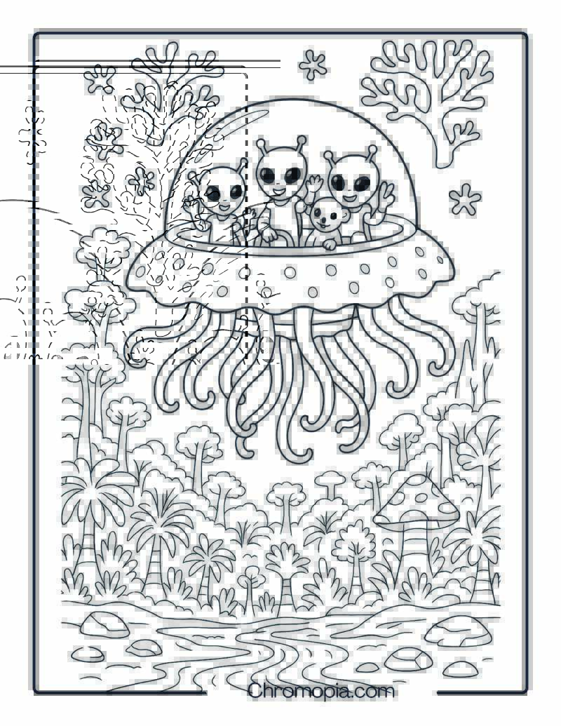 Flying Jellyfish Transport Vessel with Alien Kids in Sky Coral Forest Space Vehicle Coloring Page