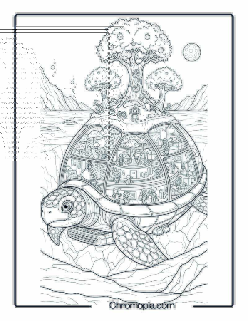 Giant Turtle-Shaped Habitat Ship Carrying Supernatural Garden on Icy Moon Ocean Space Vehicle Coloring Page