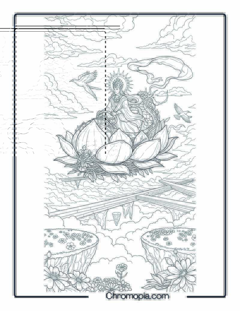 Humanoid Deity Driving Bio-Organic Lotus Hovercraft Across Cloud Planet Space Vehicle Coloring Page