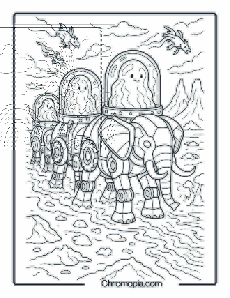 Robotic Elephant Caravan Hauling Giant Jelly-Like Aliens Through Lava Swamp Space Vehicle Coloring Page