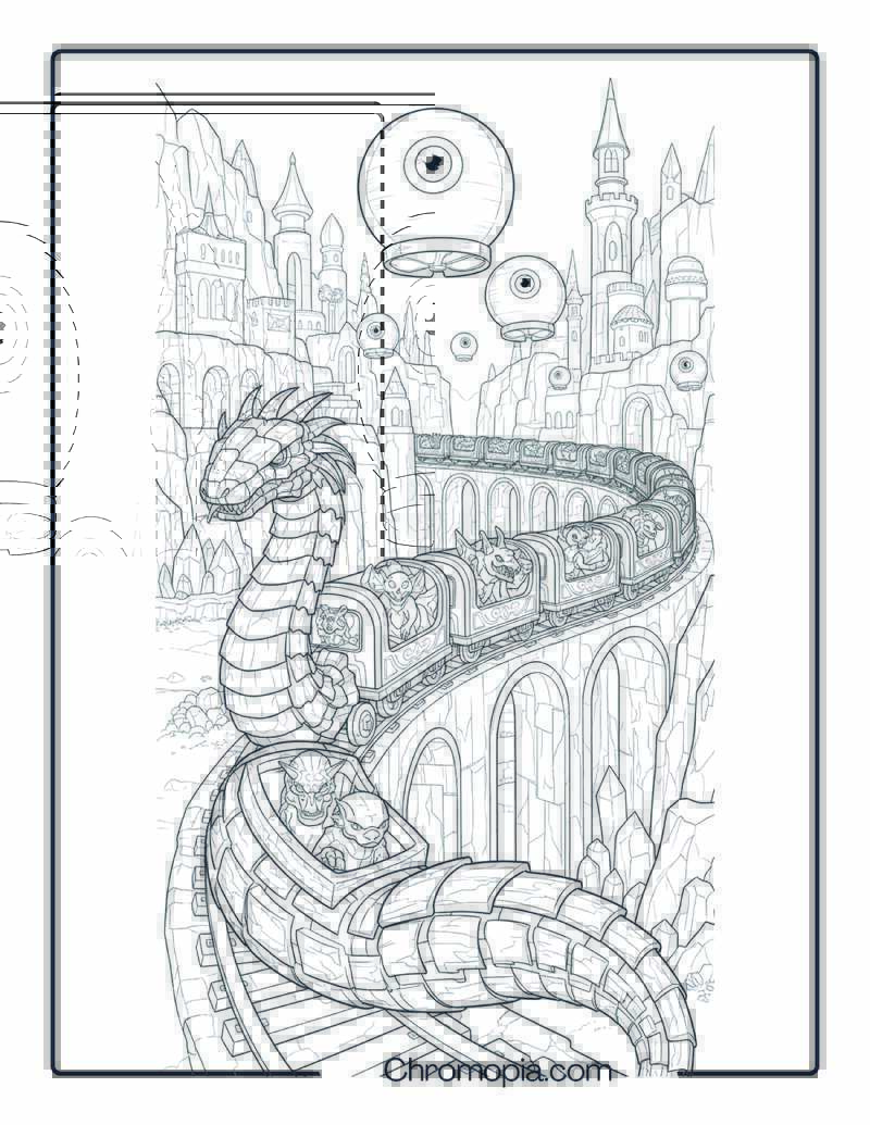Serpent-Train Transporting Alien Beasts Through Crystal Canyon City Space Vehicle Coloring Page