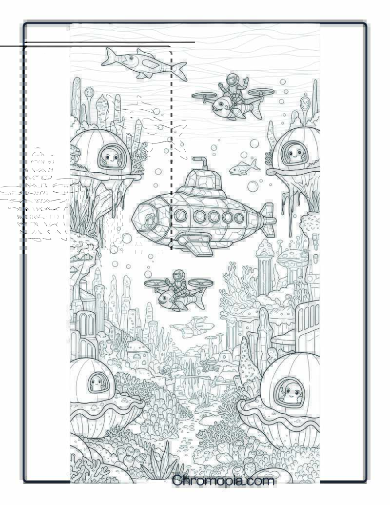 Underwater Crystal Submarine with Robot Divers in Alien Ocean Habitat Space Vehicle Coloring Page