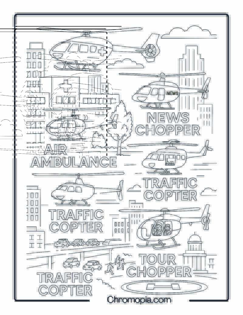 Civilian & Emergency Helicopters in Urban Airspace – Helicopter Coloring Page