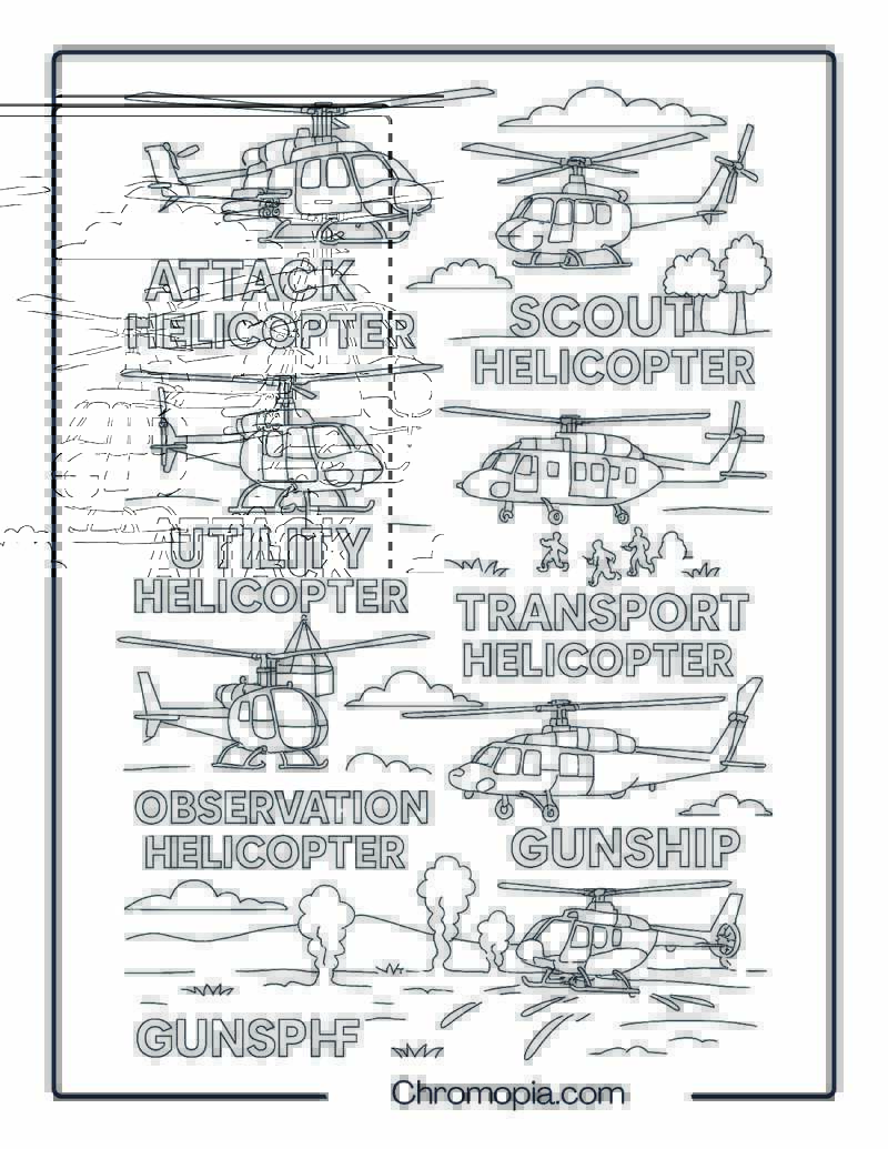 Military Helicopter Functions Showcase – Helicopter Coloring Page