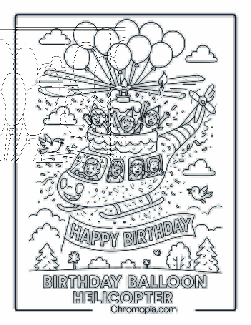 Birthday Balloon Helicopter – Helicopter Coloring Page