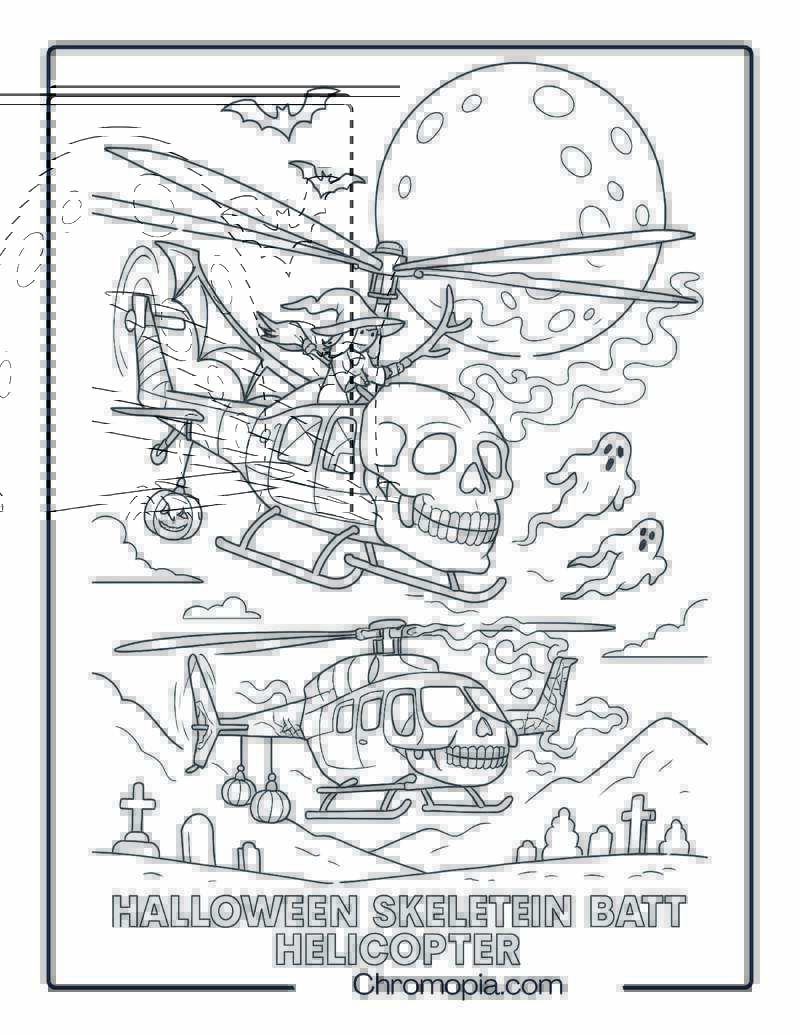 Halloween Skeleton Bat Helicopter – Helicopter Coloring Page