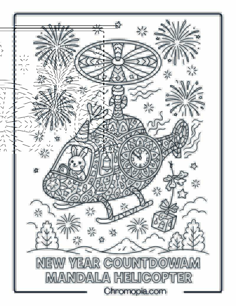 New Year Countdown Mandala Helicopter – Helicopter Coloring Page