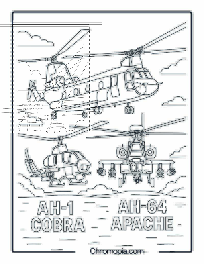 Bell AH-1 Cobra and Boeing AH-64 Apache Combat Scene – Helicopter Coloring Page