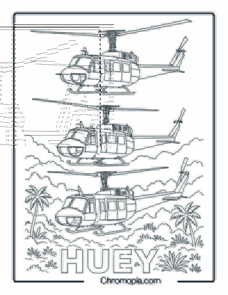 Bell UH-1 Iroquois (Huey) Formation – Helicopter Coloring Page