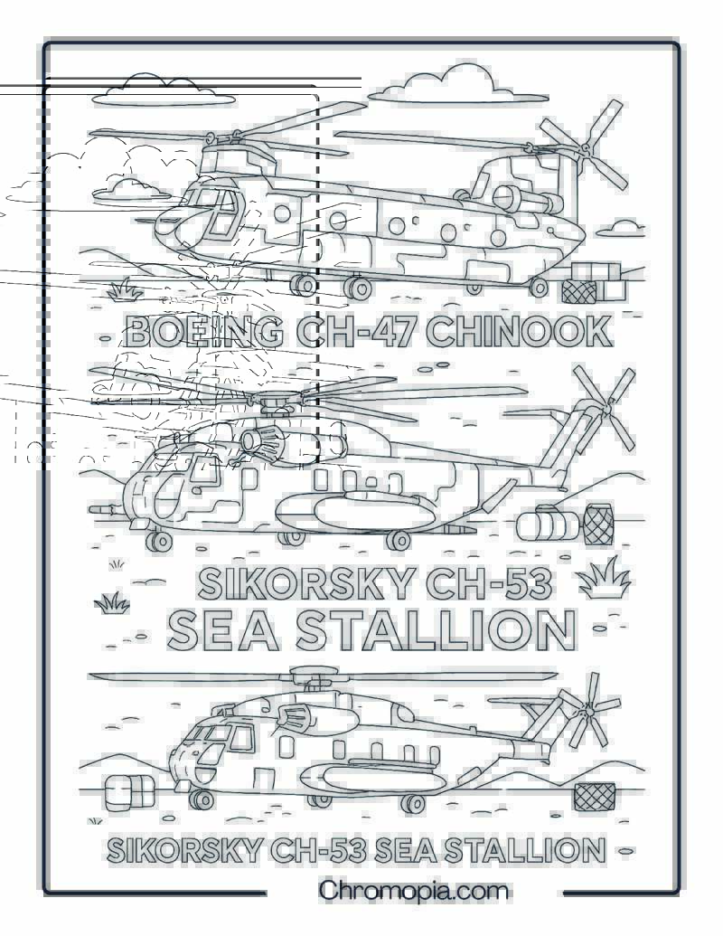 Boeing CH-47 Chinook & Sikorsky CH-53 Sea Stallion Duo – Helicopter Coloring Page