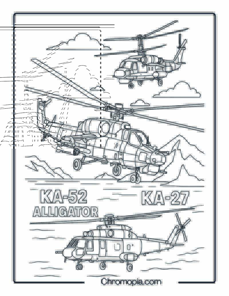 Kamov Ka-52 & Ka-27 – Tandem Operation – Helicopter Coloring Page