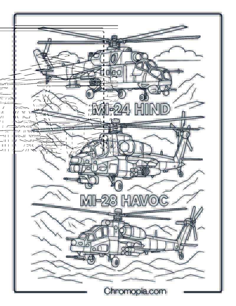 Russian Assault Formation – Mi-24 Hind & Mi-28 Havoc – Helicopter Coloring Page