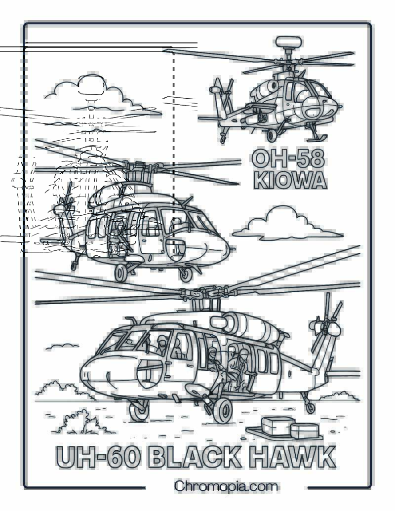 Sikorsky UH-60 Black Hawk with Bell OH-58 Kiowa – Helicopter Coloring Page