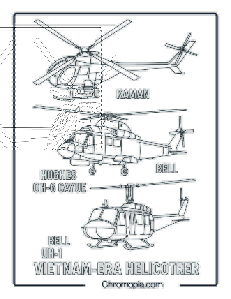 Vietnam-Era Helicopter Trio – Helicopter Coloring Page