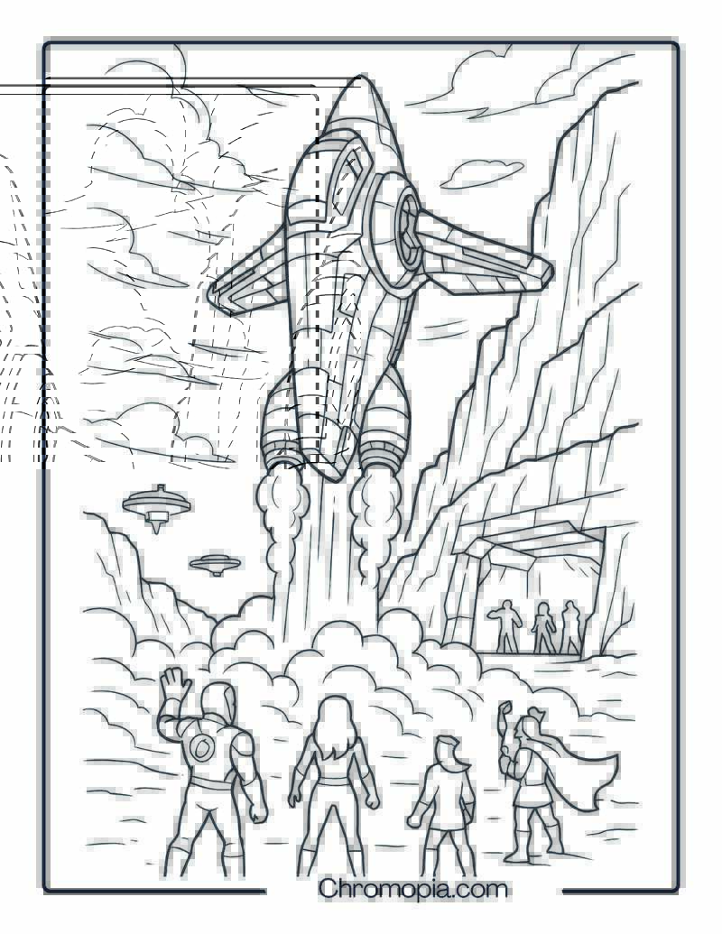 Avengers Quinjet Launching into Space – Marvel Rocket Coloring Page