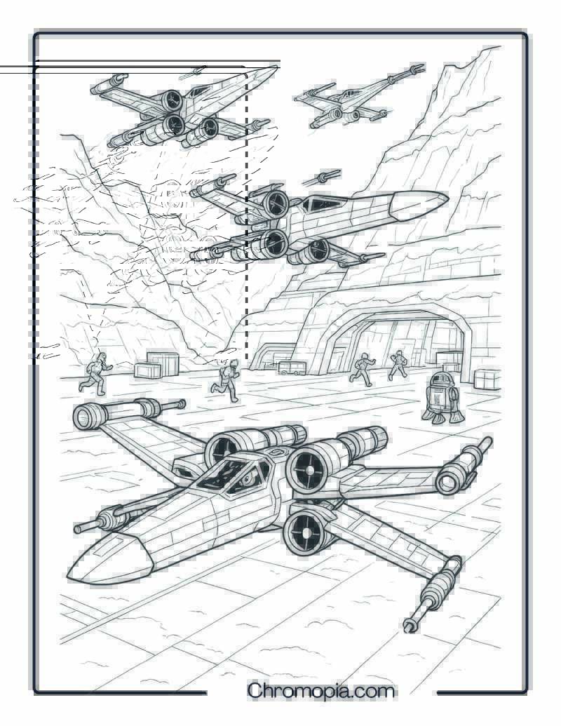 X-Wing Launch Over Rebel Base – Star Wars Rocket Coloring Page