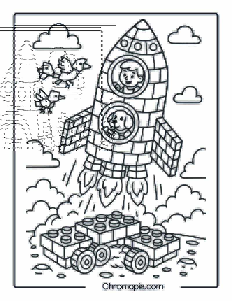 LEGO Style Cartoon Rocket Launch – Rocket Coloring Page