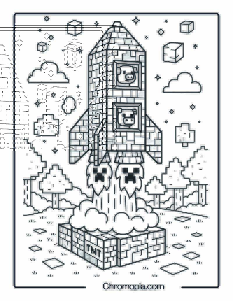 Minecraft Style Rocket – Rocket Coloring Page