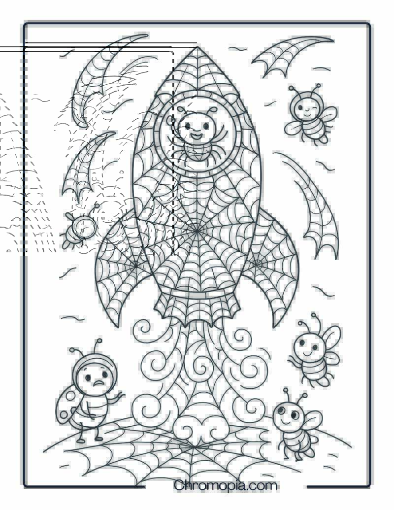 Spider Web Rocket Launch – Cartoon Rocket Coloring Page