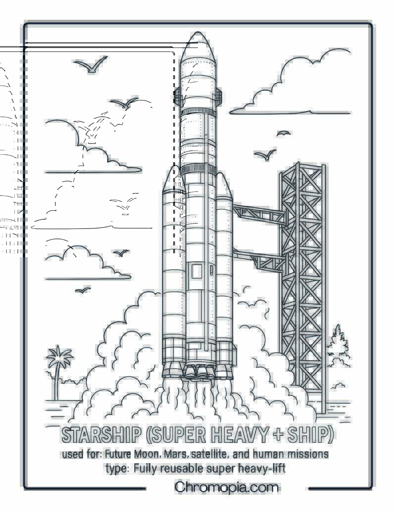 Starship (Super Heavy + Ship) – rocket coloring page