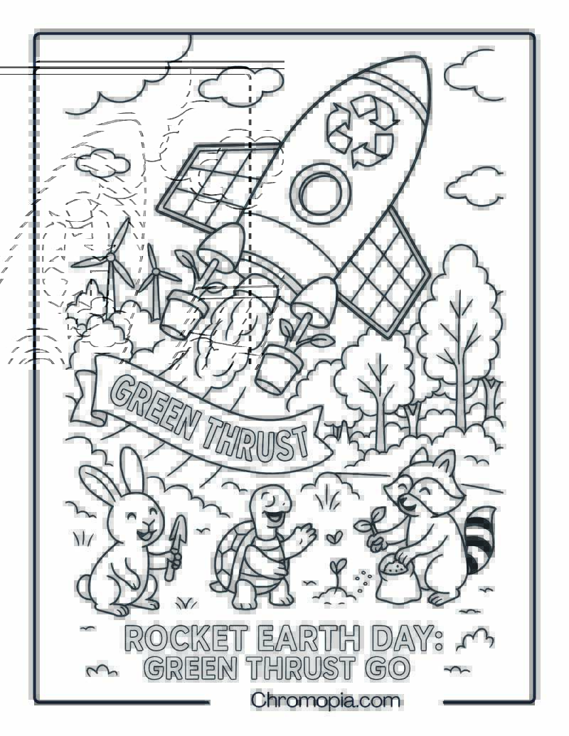 Rocket Earth Day Green Thrust Go! – Eco-Rocket Coloring Page