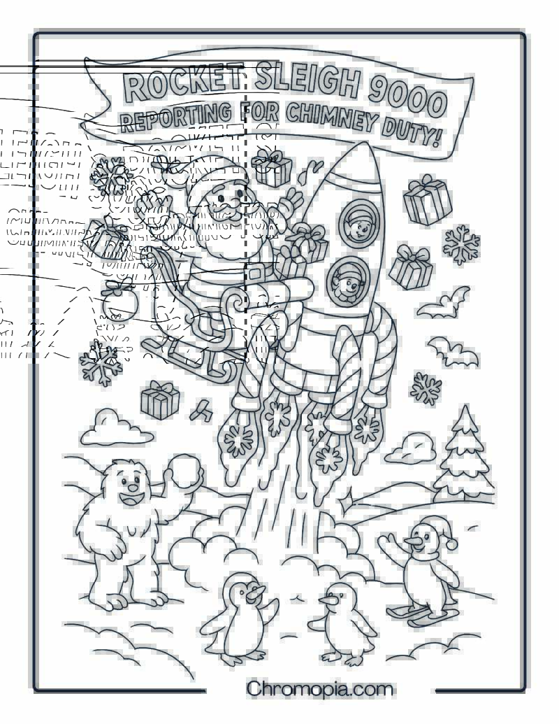 Rocket Sleigh 9000 Reporting for Chimney Duty! – Christmas Rocket Coloring Page