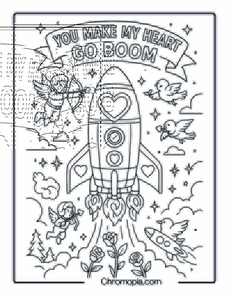 You Make My Heart Go Boom – Valentine Rocket Coloring Page