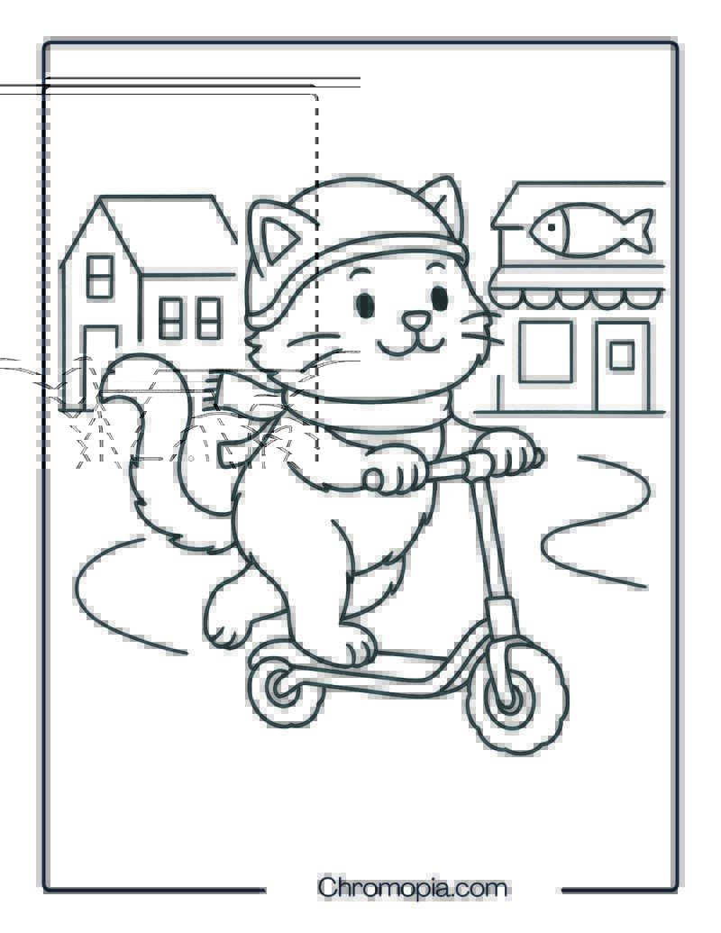 CAT ON A SCOOTER – Scooter Coloring Page