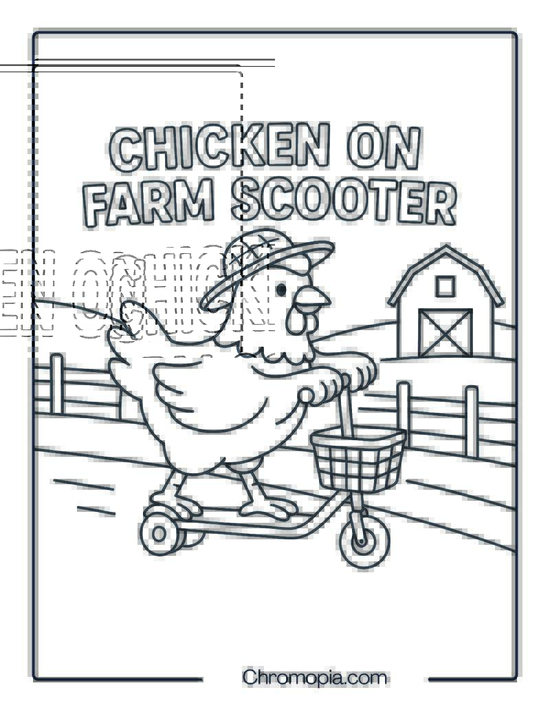 CHICKEN ON FARM SCOOTER – Scooter Coloring Page