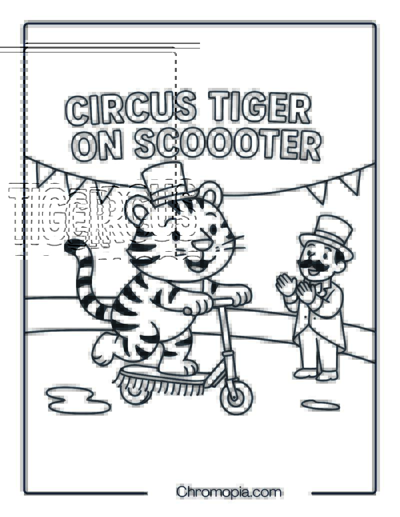 CIRCUS TIGER ON SCOOTER – Scooter Coloring Page