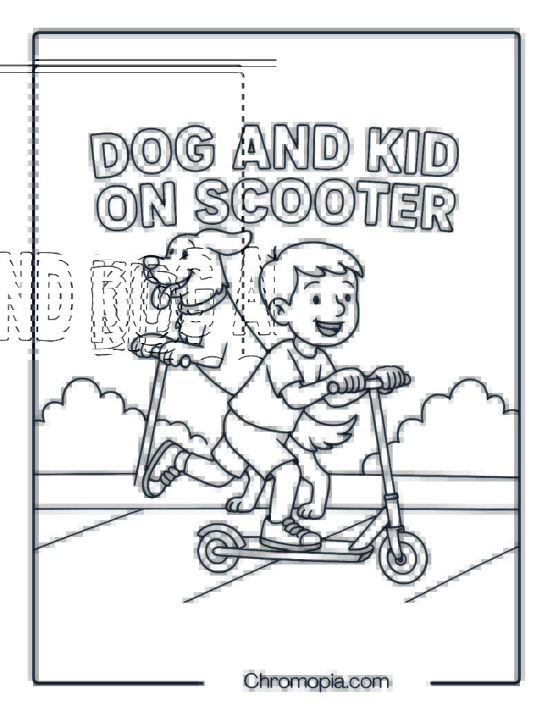DOG AND KID ON SCOOTER – Scooter Coloring Page