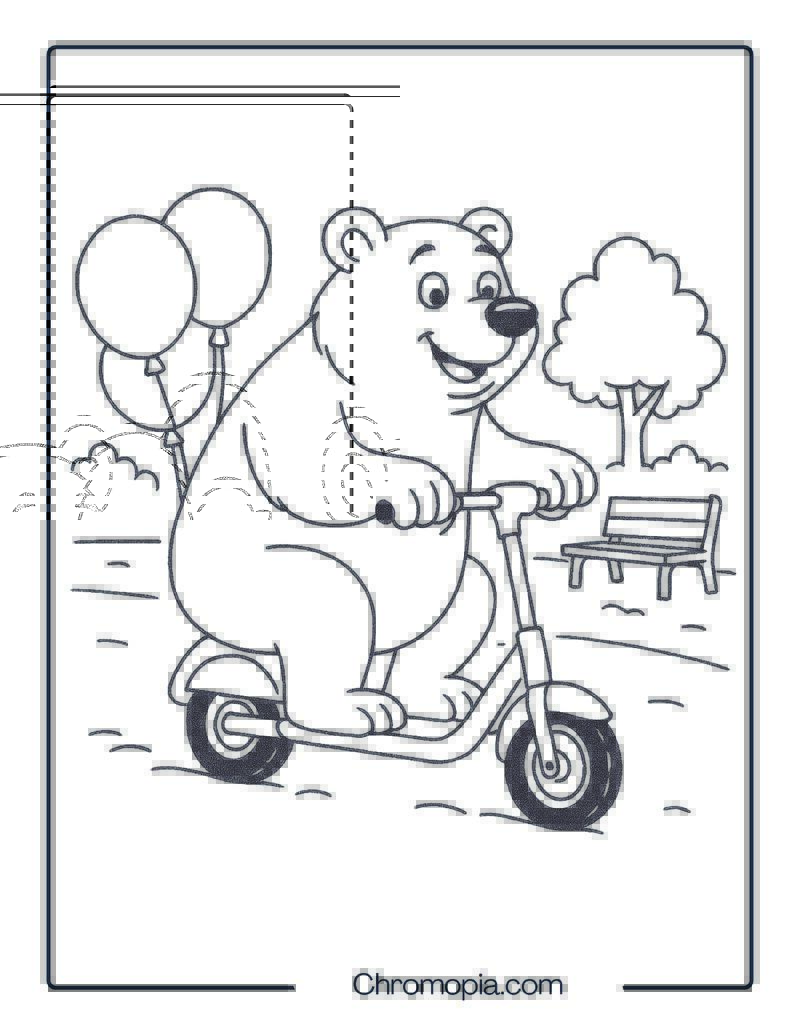 FUNNY BEAR ON SCOOTER – Scooter Coloring Page