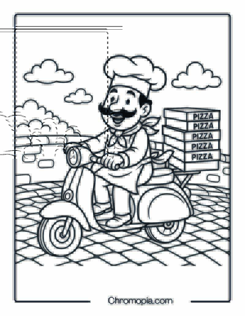 ITALIAN PIZZA MAN ON SCOOTER – Scooter Coloring Page