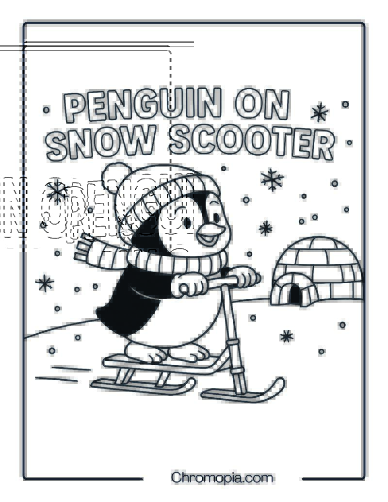 PENGUIN ON SNOW SCOOTER – Scooter Coloring Page
