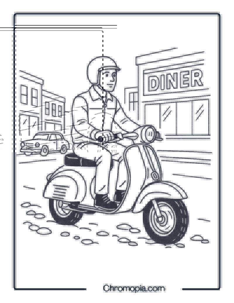 RETRO SCOOTER WITH REALISTIC RIDER – Scooter Coloring Page
