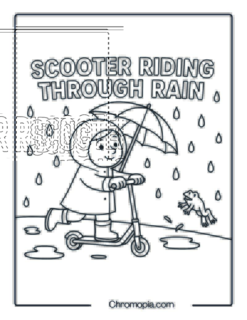SCOOTER RIDING THROUGH RAIN – Scooter Coloring Page