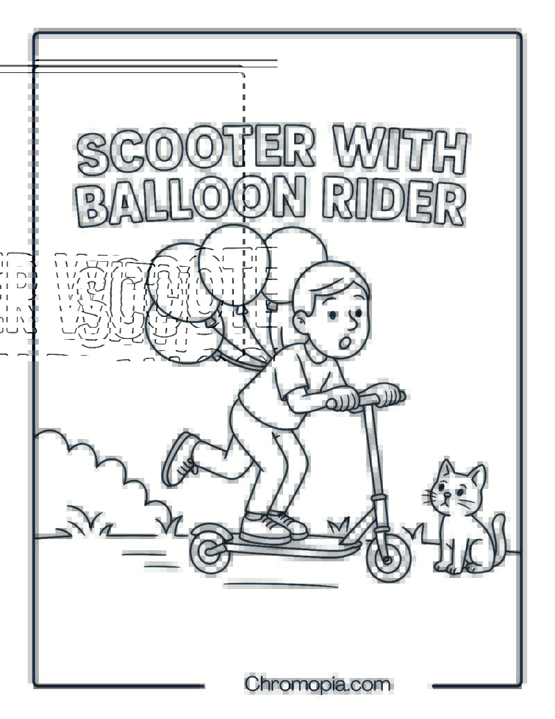 SCOOTER WITH BALLOON RIDER – Scooter Coloring Page