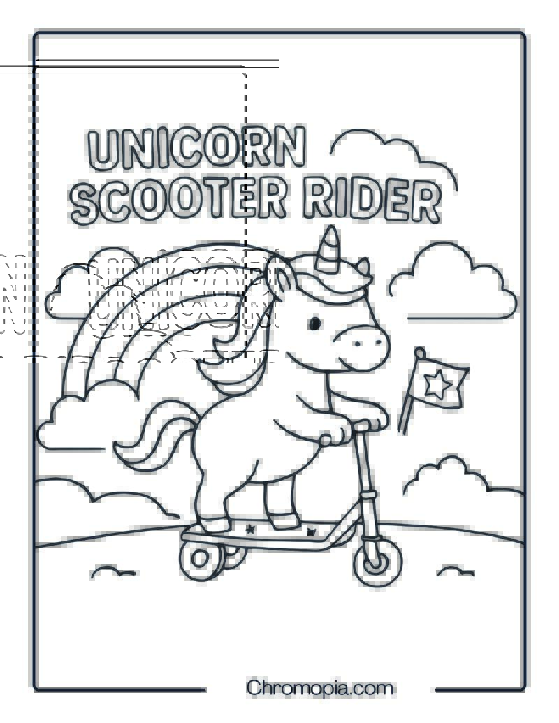 UNICORN SCOOTER RIDER – Scooter Coloring Page
