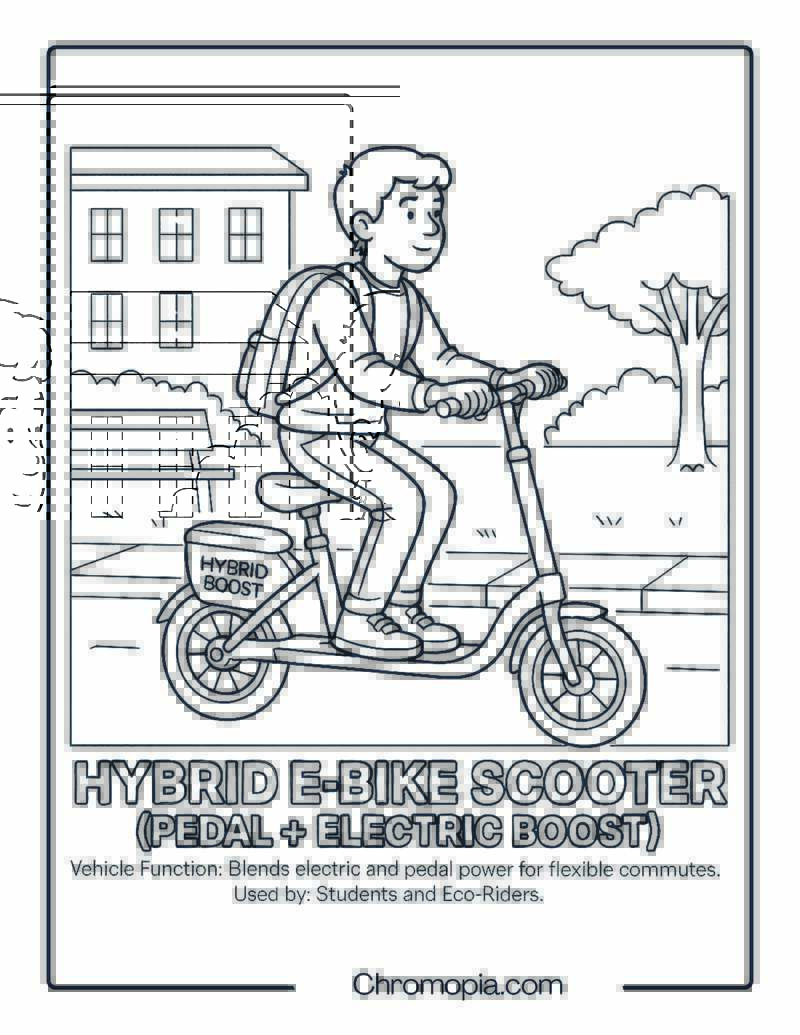 Hybrid E-Bike Scooter (Pedal + Electric Boost) – Scooter Coloring Page